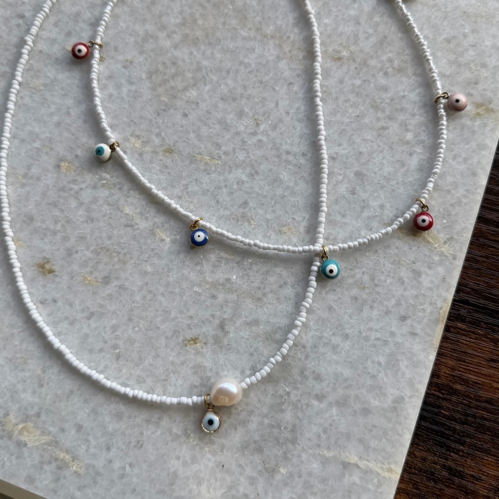 Layered Evil Eye Necklace Bundle Freshwater Pearl Gold Details 2 Piece Set - Picture 3 of 5
